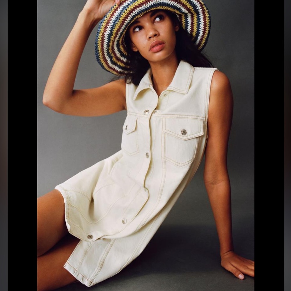 Zara sleeveless denim dress in cream. Size medium. Brand new. Never been worn.